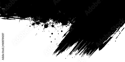 Vector art of a bold black ink brush stroke with splatters creates a dynamic abstract design on white