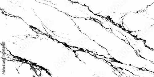 A high-resolution, close-up shot of a white marble or quartz surface with prominent, intricate black veining. The pattern should suggest natural stone,ideal for countertops, flooring,or wall cladding.