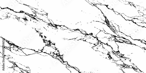 A high-resolution, close-up shot of a white marble or quartz surface with prominent, intricate black veining. The pattern should suggest natural stone,ideal for countertops, flooring,or wall cladding.