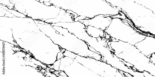 A high-resolution, close-up shot of a white marble or quartz surface with prominent, intricate black veining. The pattern should suggest natural stone,ideal for countertops, flooring,or wall cladding.