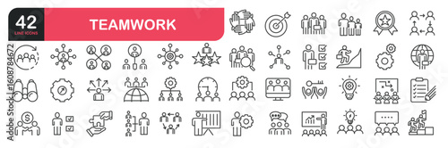 Set of line icons related to teamwork, management, business, collaboration, partnership. Outline icons collection. Editable stroke. Vector illustration