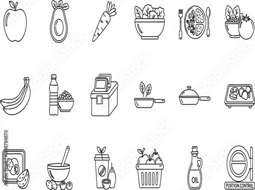 PrintMinimal food and drink icons featuring fruits, packaged snacks, and daily nutrition visuals perfect for healthy meal plans and grocery applications