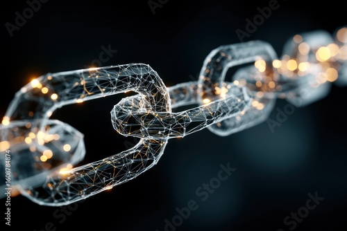 Glowing digital chains representing blockchain, highlighting secure and transparent digital connections.