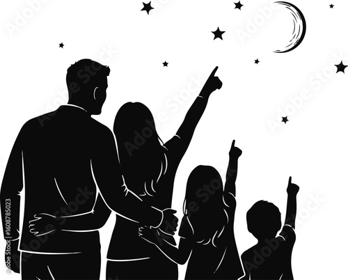 Silhouette Vector of Family Watching the Sky – Stargazing Together