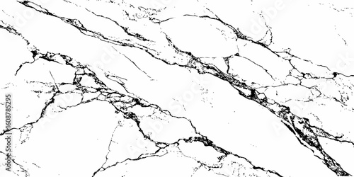 A high-resolution, close-up shot of a white marble or quartz surface with prominent, intricate black veining. The pattern should suggest natural stone,ideal for countertops, flooring,or wall cladding.