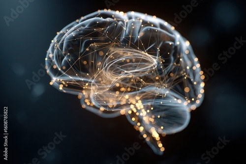 Futuristic brain model of AI, constructed from glowing lines and dots, visualizing neural activity.