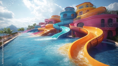 Colorful water park with slides