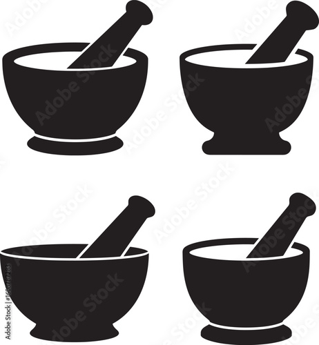 Four mortar and pestle icons silhouette