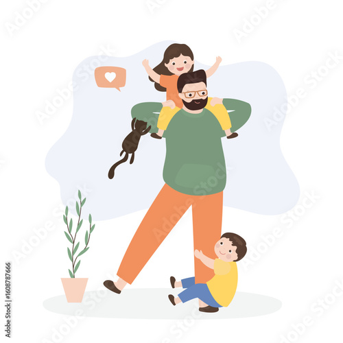 Dad and children. Happy father holding kids on his shoulders and leg. Parent plays with kids. Happy family. The upbringing and care of children.