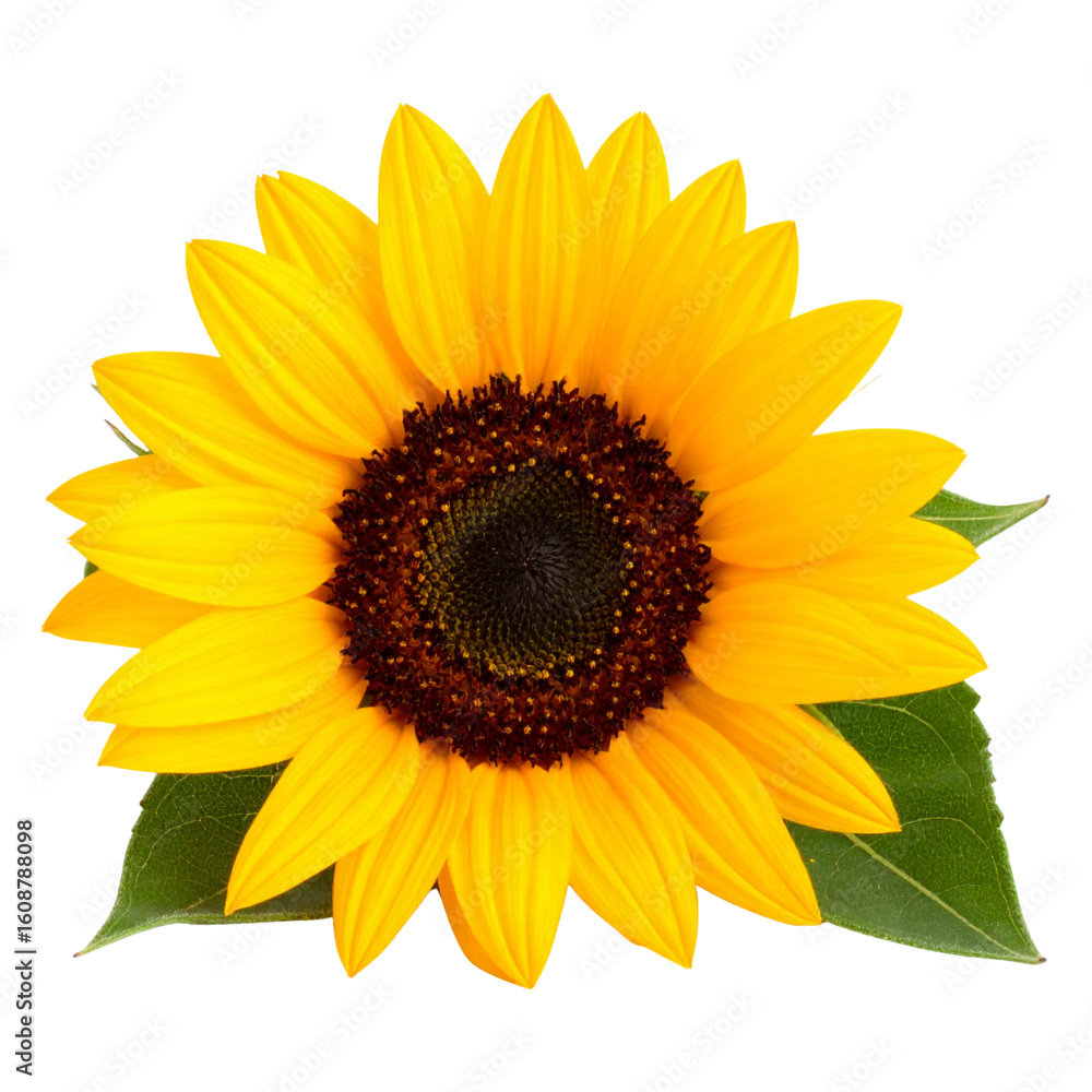 Fototapeta premium Beautiful bright yellow sunflower blossom with green leaf isolated on white background