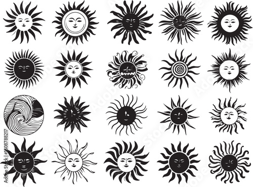 Collection of twelve black and white sun symbols silhouette isolated on transparent background