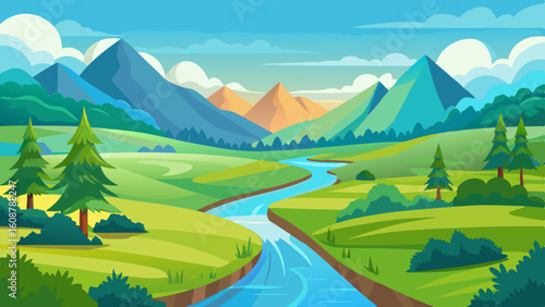 river landscape illustration with a view of green