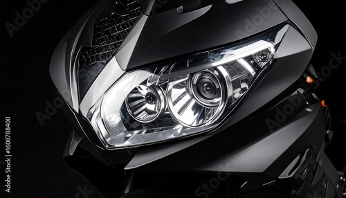 Close-up of a dark-grey motorcycle's dual headlights against a black background