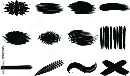 Brush stroke set, bold abstract paint shapes, grunge ink smears, textured swipes, dry brush lines, vector design