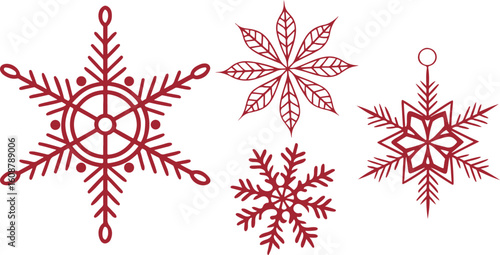 Isolated red snowflake vector set, geometric winter shapes, star-like patterns, Christmas theme, clean symmetrical designs, festive seasonal illustration pack