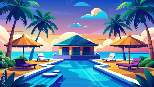 stunning landscape with a swimming pool blue sky