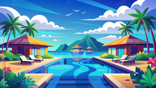 stunning landscape with a swimming pool blue sky