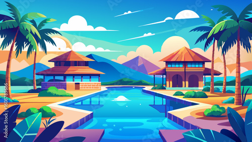 stunning landscape with a swimming pool blue sky