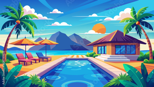 stunning landscape with a swimming pool blue sky