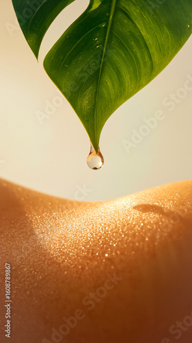 Extreme close-up of water droplet above dewy skin, soft golden hour light, blurred tropical leaf, spa mood, ultra-detailed macro.