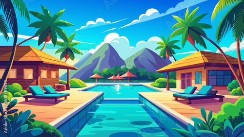 stunning landscape with a swimming pool blue sky