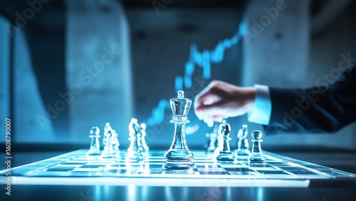 A hand moves a chess piece on a board with a financial graph overlay.