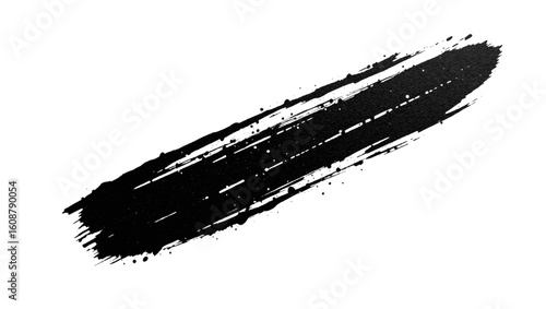 Vector art of a bold black brush stroke with splatters, isolated on a white background