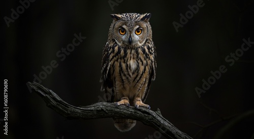 Owl perched on branch dark forest