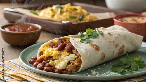 Delicious breakfast burrito with refried beans served warm on a plate beside savory breakfast options