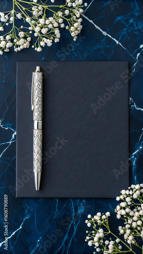 Elegant silver pen resting on a dark navy blue notebook placed on a marbled surface with delicate white flowers framing the scene