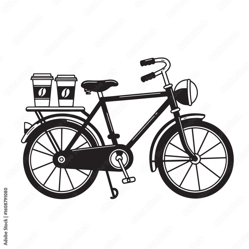Fototapeta premium Black and white bicycle with coffee cups on the rack suitable for cafe or lifestyle branding