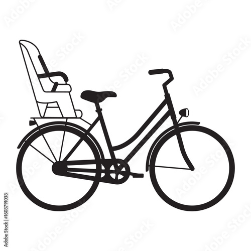 Black and white bicycle with a child seat illustration on a white background for family