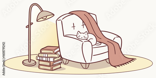 “Vector cozy reading nook: armchair, floor lamp, stack of books, warm blanket, cat sleeping nearby”
