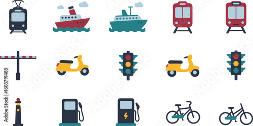 Flat Icon Set: Urban Transportation, Vehicles, and Traffic Signals; Modern, Colorful Style; Positive, Efficient Mood.