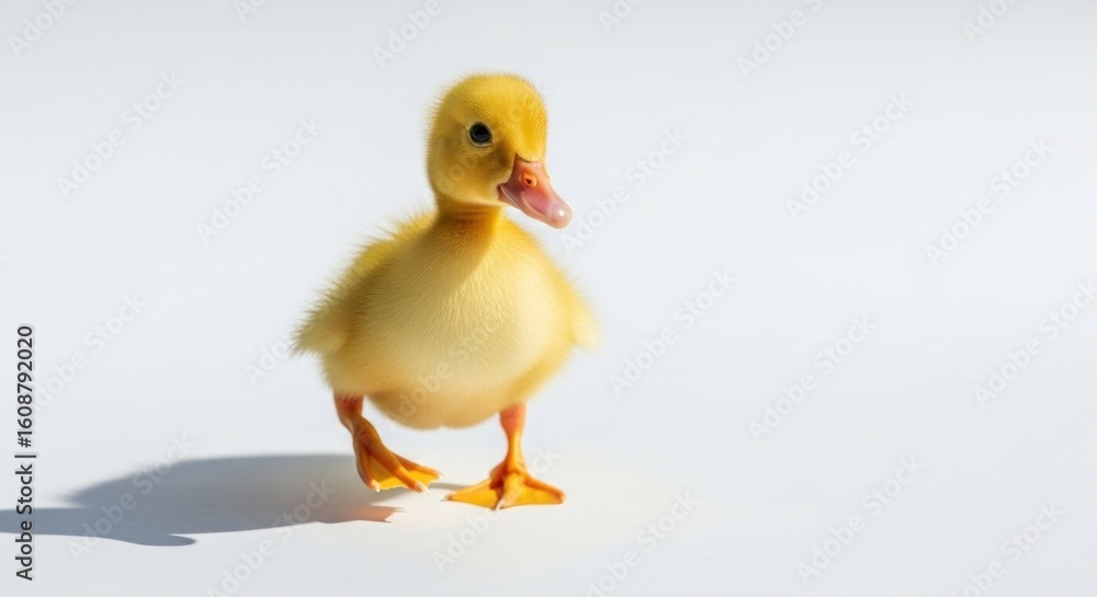 Fototapeta premium A fluffy yellow duckling, centered against a white background