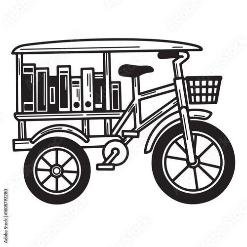 Black and white illustration of a tricycle carrying books promoting literacy and education