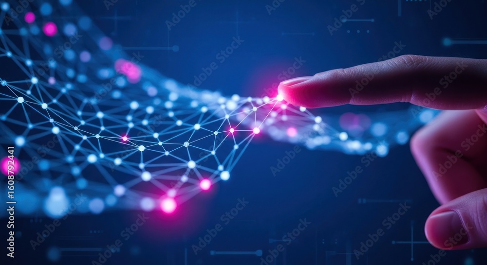 Naklejka premium A fingertip interacts with a network of glowing points and lines