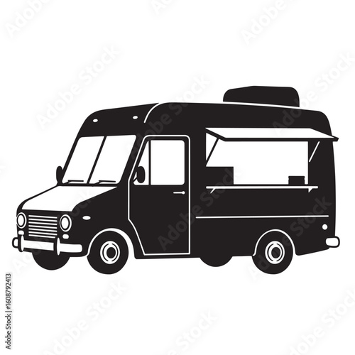 Black and white illustrative vector of a food truck for mobile food services or business