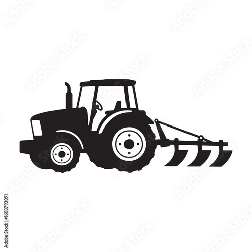 Black and white silhouette of a tractor with plow for agricultural and farming concepts