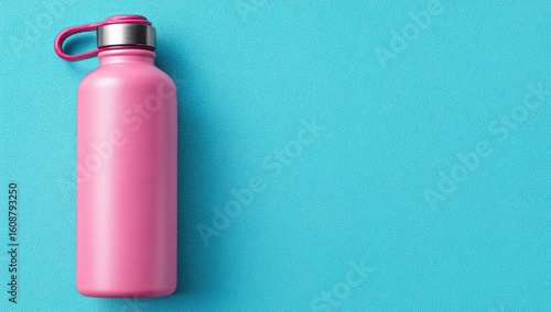 Pink insulated water bottle on a vibrant turquoise background