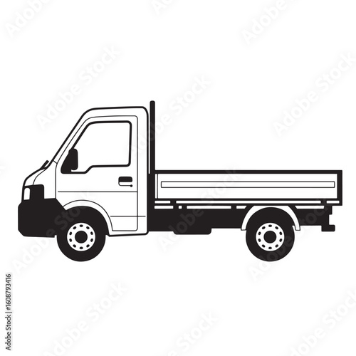 Black and white vector illustration of a flatbed truck suitable for transportation