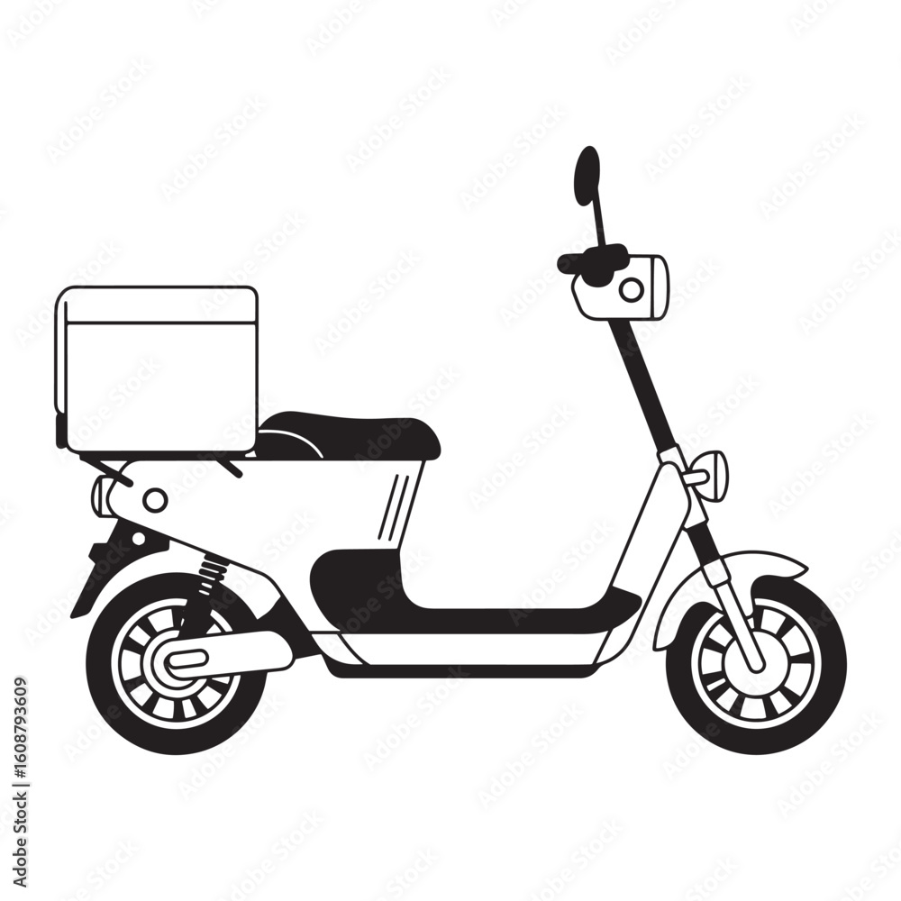 Fototapeta premium Black and white vector illustration of an electric scooter with delivery box for transportation