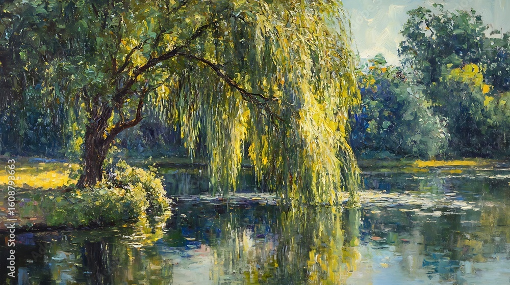 Fototapeta premium Weeping willow tree leaning over a small pond, reflections rippling in the water 