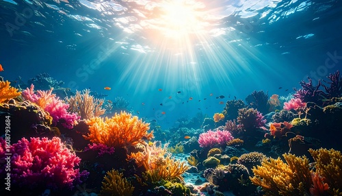Vibrant Underwater Coral Reef Paradise: Sunbeams Illuminate a Colorful Ecosystem
