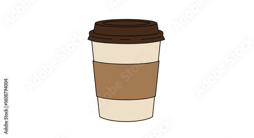 Minimalist coffee cup design with brown sleeve on white background