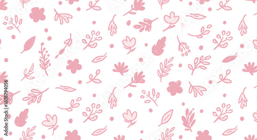 Seamless pink floral pattern with hand drawn leaves and flowers