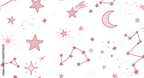 Hand drawn celestial patterns with stars and moon in pink doodle style