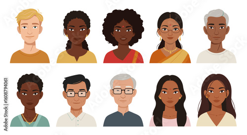 Diverse portraits of people in flat style featuring different ages and cultures