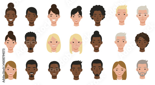 Diverse flat style avatar collection featuring various hairstyles and facial expressions