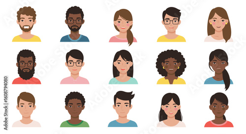Diverse character avatars set featuring modern flat style portraits